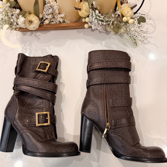 Tory Burch Shoes - Tory Burch Dark Brown Heeled Boots with Gold Buckles